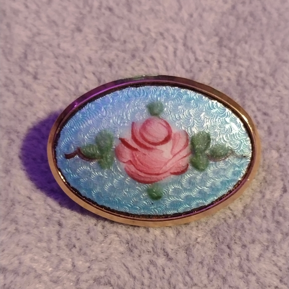 Vtg. Beautiful Guilloche Enamel Rose Brooch Earrings Set - Picture 4 of 9
